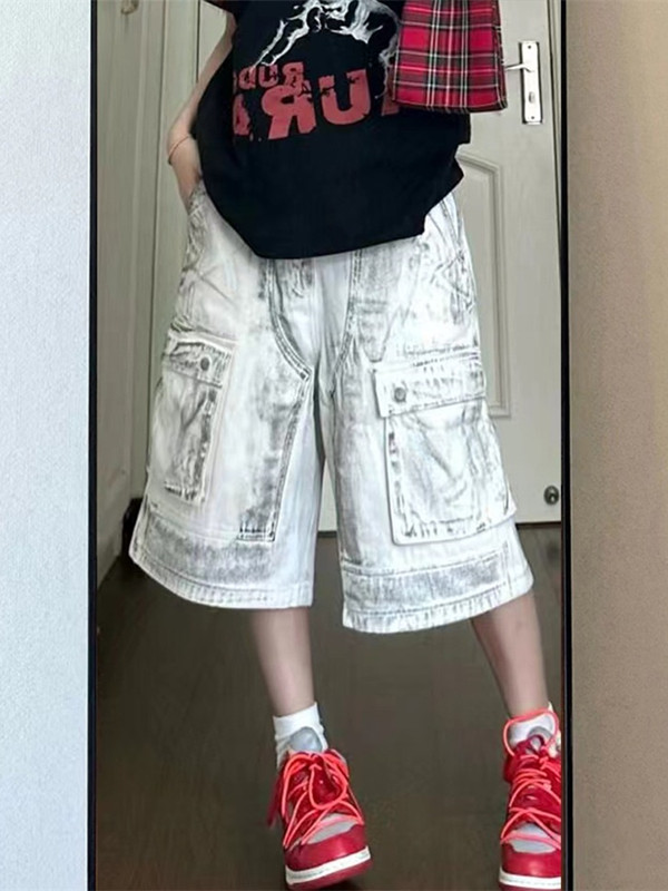 아메리칸 국가 트렌디 마 더러운 워크웨어 데님 오부 바지 여자 여름 작은 대중 다용도 조수 브랜드 루즈핏 스트레이트 반바지