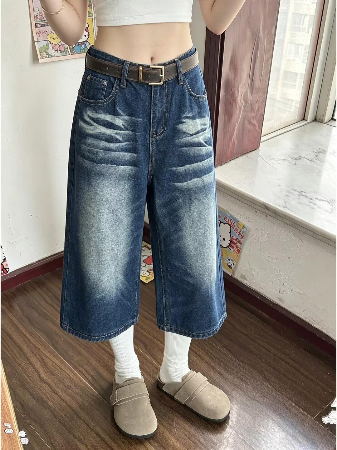 원본 품질 루즈핏 익스트림 트렌디 프로필 모양 워싱 마 오래된 7 점 데님 반바지 여성 여름 높음 거리 넓은 다리 바지