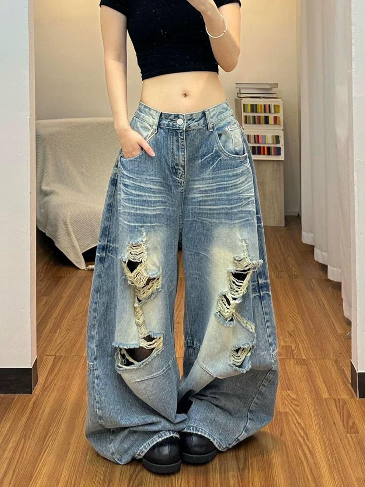 아메리칸 레트로 워싱 마 오래된 찢어진 부분 청바지 아이들 여름 핫걸 루즈핏 bf 느긋한 바람 넓은 다리 바닥 청소 바지