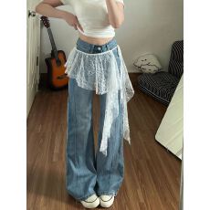 批发蓝色微喇牛仔裤女2026新款版型超好看显瘦假两件蕾丝拼接屁帘裤子