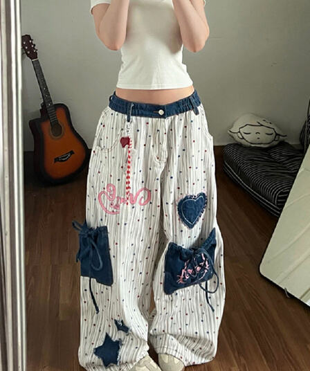 별 패치 자수 넓은 다리 청바지 여성 여름 전체 인쇄 작은 대중 개성 핫걸 바람 패션 거리 캐주얼 긴 바지