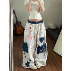 批发星星贴布绣阔腿牛仔裤女<b class='q'>夏</b>季满印小众个性辣妹风时尚街头休闲长裤