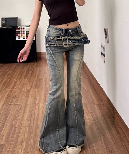 핫걸 바람 벨트 거친 가장자리 디자인 슬림해 보이는 마이크로 나팔 청바지 바지 여자 2026 여름 새로운 나팔 바지