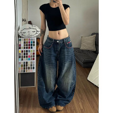批发美式***复古红绳刺绣牛仔裤男女街头水洗设计弯刀长裤
