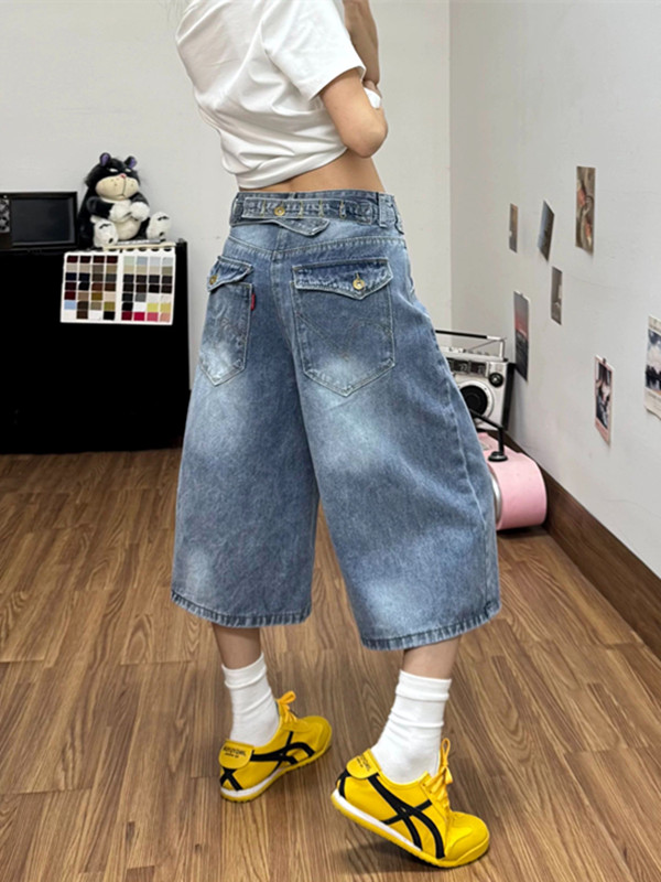 아메리칸 레트로 파리 버클 대나무 마디 곡물 7 점 청바지 여성 여름 디자인 센스 루즈핏 슬림해 보이는 넓은 다리 바지 트렌디