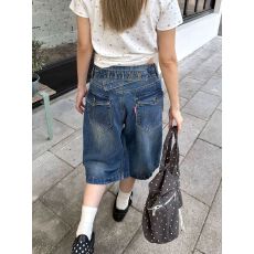 批发美式复古竹节巴黎扣水洗七分裤女<b class='q'>夏</b>季做旧高街cleanfit牛仔裤