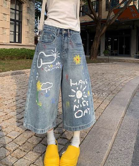 낙서 프린트 7 점 청바지 여성 새로운 루즈핏 야외 스포츠 해변 바지