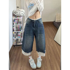 批发美式复古设计感蕾丝拼接七分牛仔裤女直筒宽松修身显身材休闲裤子