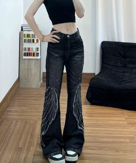 아메리칸 레트로 마 오래된 날개 패치 부츠컷 청바지 여성 여름 펑크 아시아 인 바지 몸매 가꾸기 나팔 바지 긴 바지