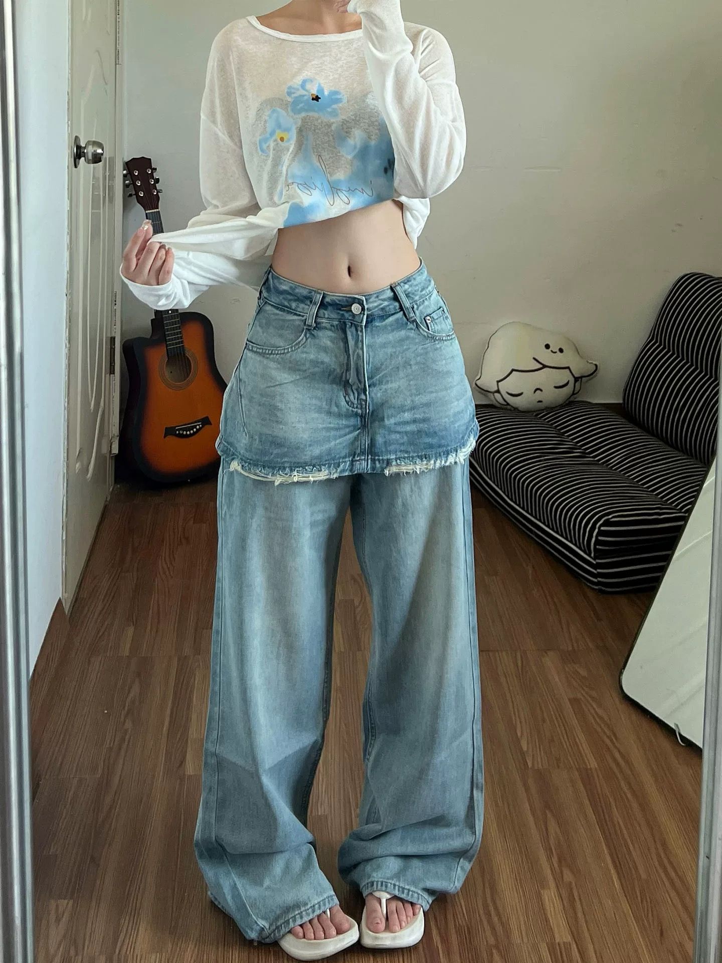 루즈핏 캐주얼 하늘색 페이크 레이어드 패치워크 방귀 커튼 청바지 바지 여자 2026 여름 새로운 바닥 청소 바지