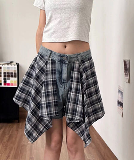아메리칸 체크무늬 랩스커트팬츠 패치워크 데님 반바지 바지 여자 2026 여름 새로운 불규칙 디자인 센스 치마바지