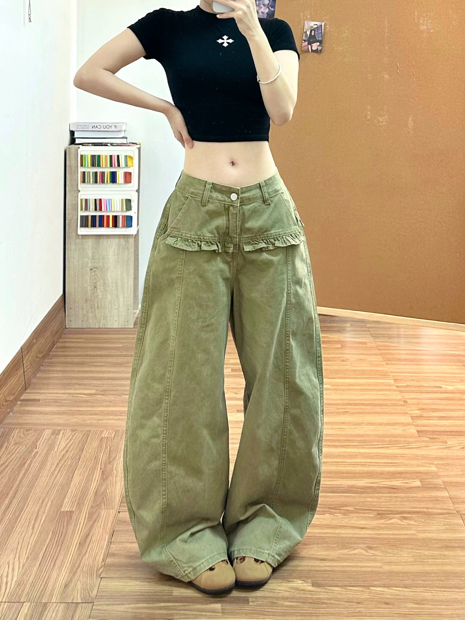 디자인 센스 청바지 여성 새로운 아메리칸 레트로 프릴 방귀 커튼 페이크 레이어드 하나 루즈핏 와이드 레그 팬츠