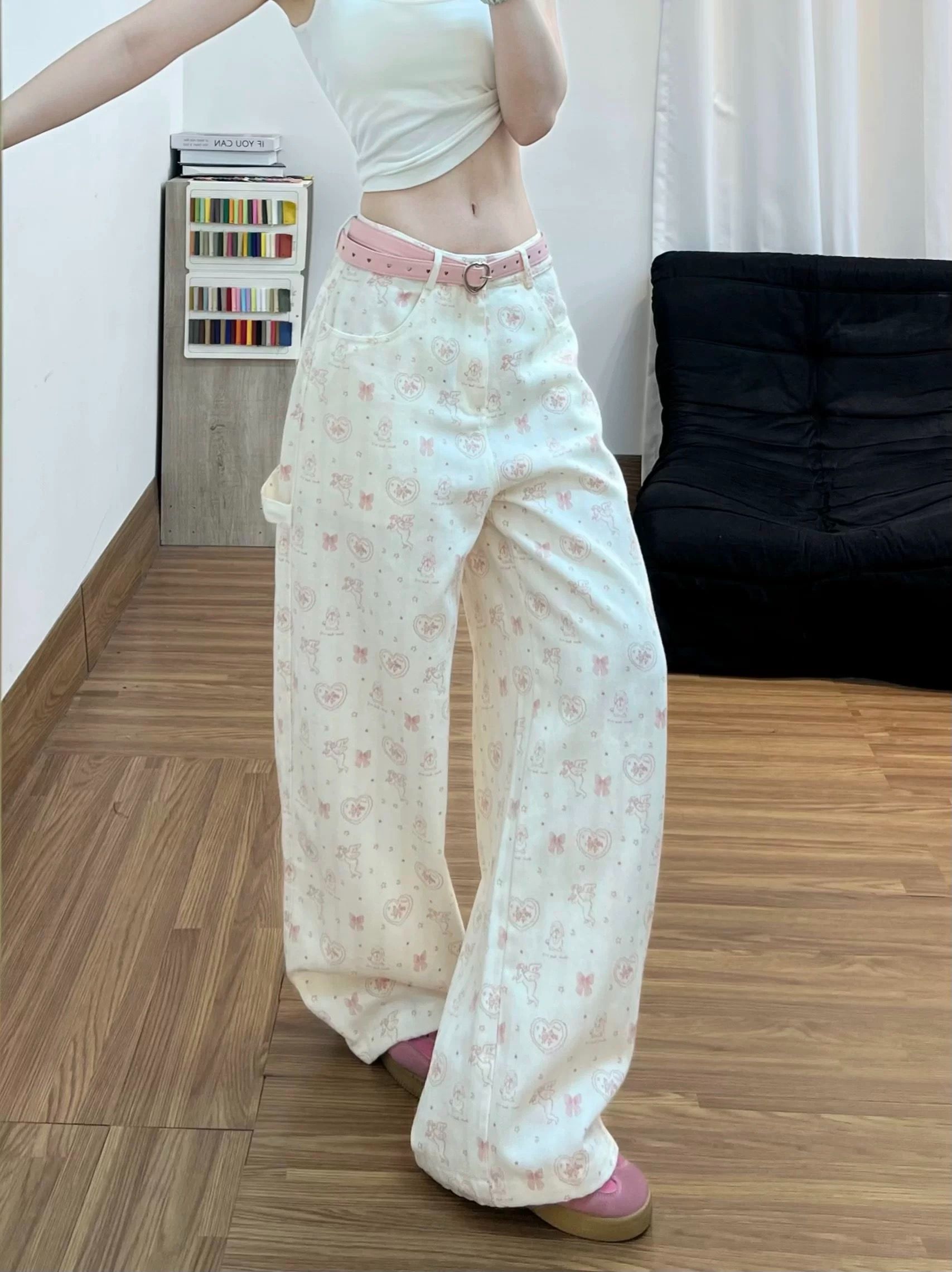 나비 매듭 청바지 여성 여름 얇은 스타일 만화 전체 인쇄 달콤함 루즈핏 바닥 청소 넓은 다리 높음 거리 다용도 캐주얼 긴 바지