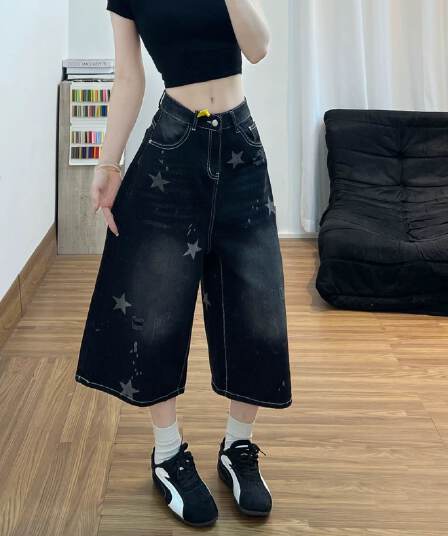 아메리칸 웃음 하 별 프린트 데님 7부 바지 여성 여름 새로운 넓은 다리 스트레이트 중 반바지 트렌디