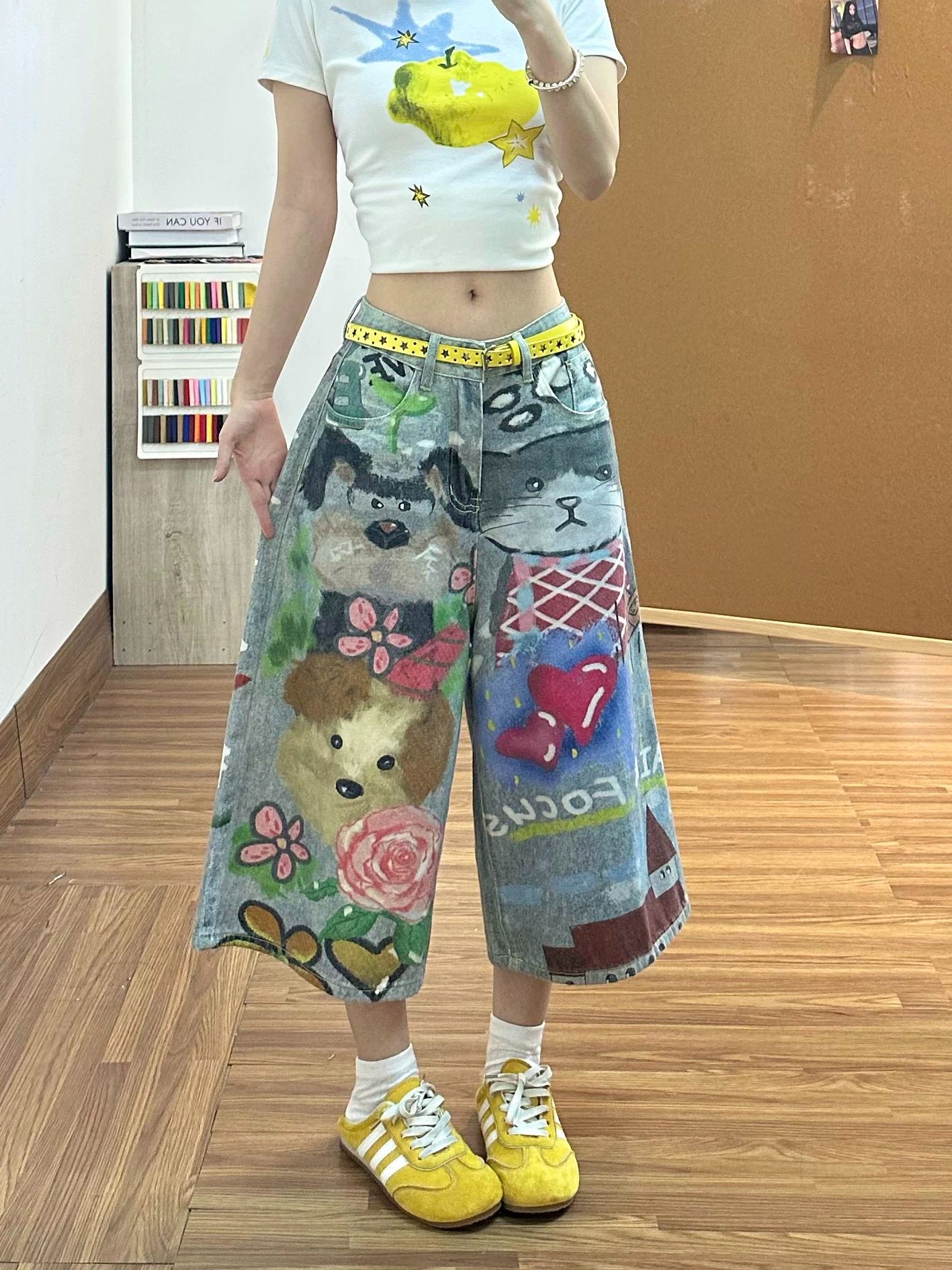 레트로 만화 동물 낙서 데님 7부 바지 바지 여자 2026 여름 새로운 디자인 센스 넓은 다리가 짧다. 바지