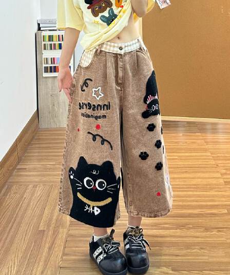 만화 고양이 수건 자수 데님 7부 바지 바지 여자 2026 여름 새로운 루즈핏 넓은 다리가 짧다. 바지 트렌디