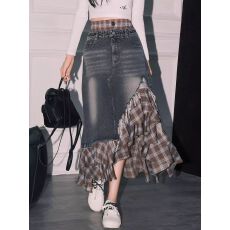 批发复古格纹拼接假两件牛仔半裙秋季设计感高腰中长<b class='q'>半身裙</b>