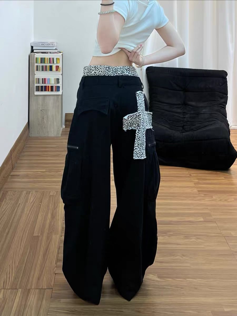 아메리칸 거리 레오파드 무늬 패치워크 워크웨어 청바지 바지 여자 2026 여름 새로운 십자가 모통이 칼 긴 바지