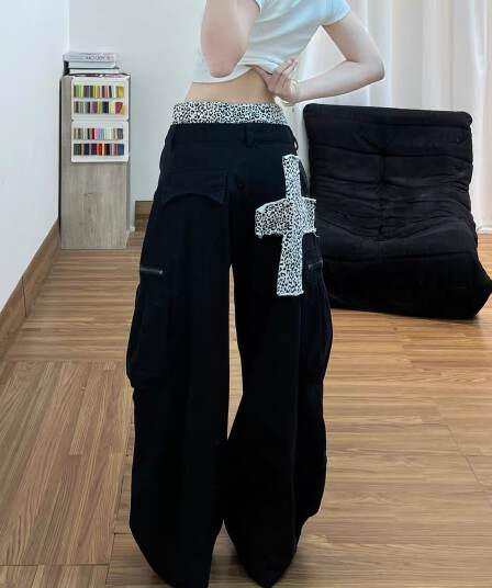 아메리칸 거리 레오파드 무늬 패치워크 워크웨어 청바지 바지 여자 2026 여름 새로운 십자가 모통이 칼 긴 바지