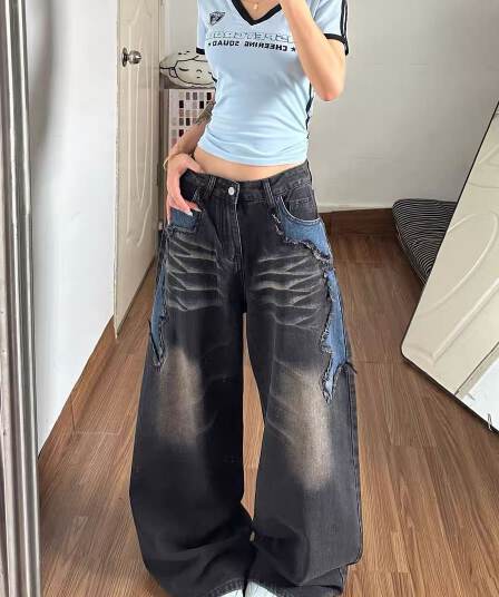 검정색 모통이 칼 청바지 여성 여름 새로운 불모지 바람 레트로 패치워크 핫걸 거리 디자인 센스 와이드 레그 팬츠 어린이