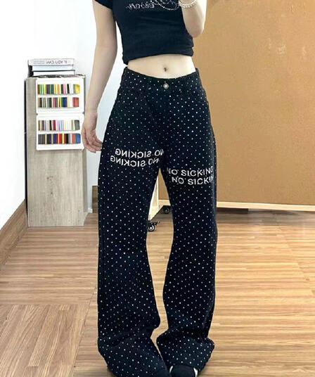 다크 바람 도트 무늬 마이크로 나팔 청바지 바지 여자 2026 여름 새로운 작은 대중 고급 센스 검정색 바지
