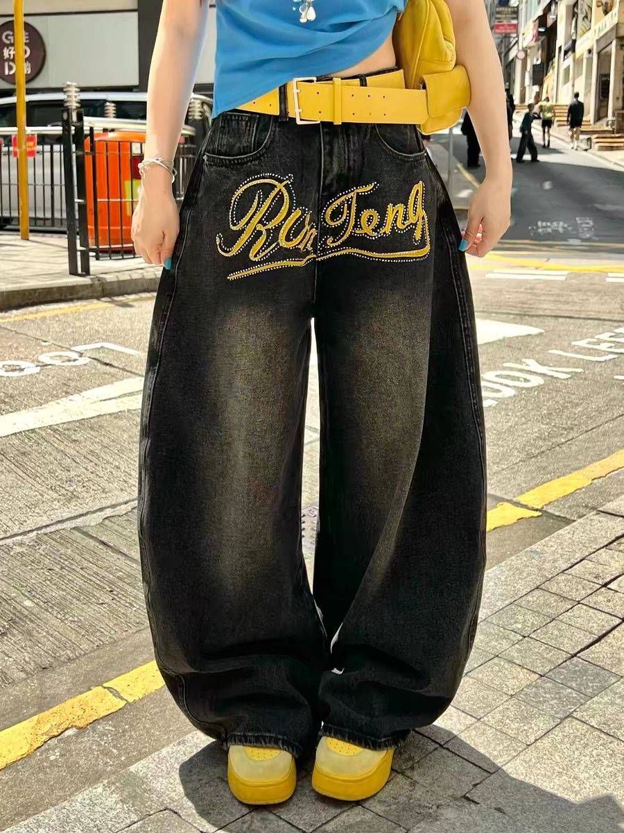 맨해튼 거리 무거운 작업 핫픽스 자수 알파벳 모통이 칼 바닥 청소 데님 긴 바지