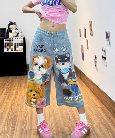 아메리칸 하늘색 동물 낙서 데님 7부 바지 바지 여자 2026 여름 새로운 디자인 센스 넓은 다리가 짧다. 바지