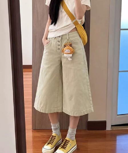 카키 색 7 점 청바지 여성 2026 봄 여름 새로운 단추 디자인 캐주얼 슬림해 보이는 루즈핏 다용도 와이드 레그 팬츠
