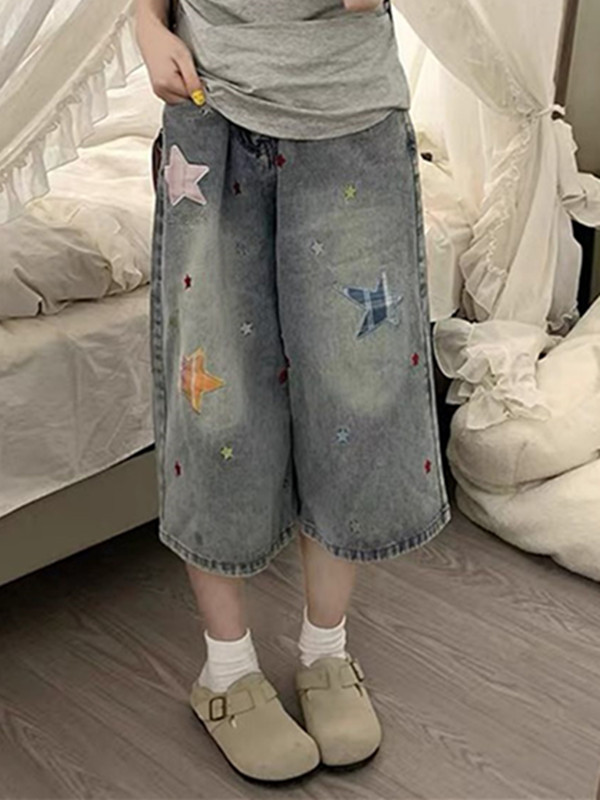 별 막대기 전체 인쇄 7부 바지 여성 여름 작은 키 루즈핏 슬림해 보이는 넓은 다리 다용도 반바지