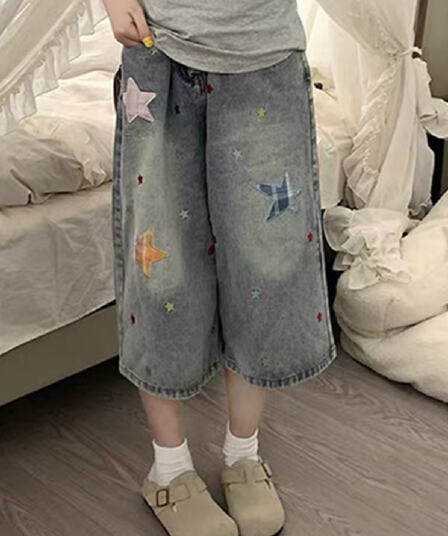 별 막대기 전체 인쇄 7부 바지 여성 여름 작은 키 루즈핏 슬림해 보이는 넓은 다리 다용도 반바지