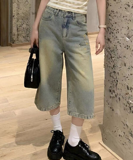 아메리칸 레트로 마 오래된 워싱 별 7 점 청바지 여성 여름 루즈핏 슬림해 보이는 다용도 스트레이트 넓은 다리 바지