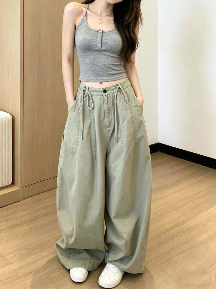 아메리칸 레트로 펌프 로프 워크웨어 청바지 여성 핫걸 루즈핏 다용도 캐주얼 한 마디 대 와이드 레그 팬츠 트렌디