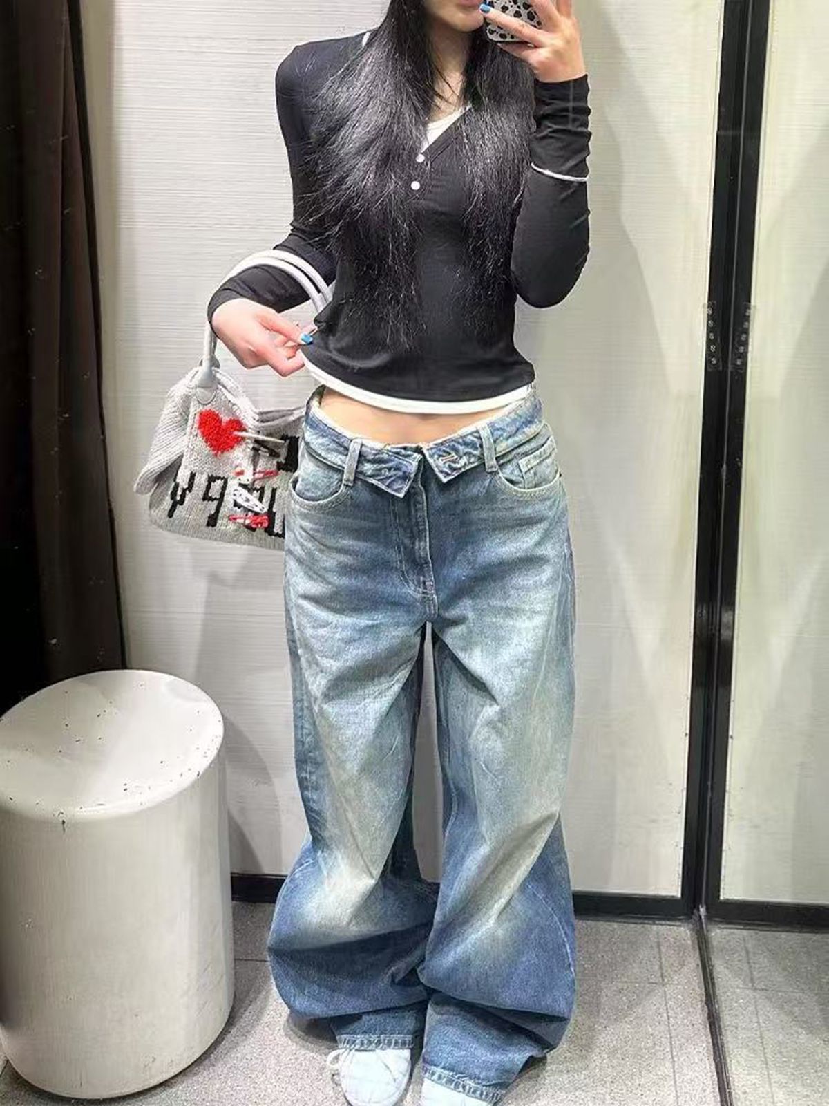 아메리칸 레트로 워싱 마 오래된 뒤집다 허리 머리 디자인 청바지 여성 루즈핏 넓은 다리 바닥 청소 작은 대중 긴 바지 트렌디