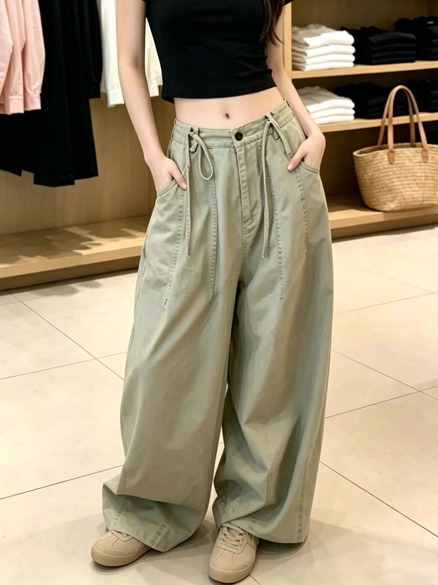 아메리칸 레트로 펌프 로프 워크웨어 청바지 여성 여름 얇은 스타일 루즈핏 슬림해 보이는 대 넓은 다리 캐주얼 긴 바지