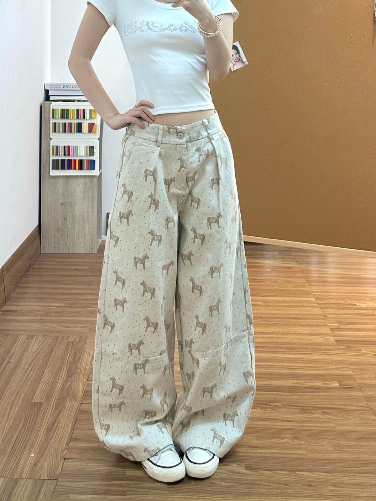 아메리칸 레트로 작은 말 자카드 하이 웨이스트 청바지 여름 새로운 디자인 센스 루즈핏 슬림해 보이는 스트레이트 긴 바지