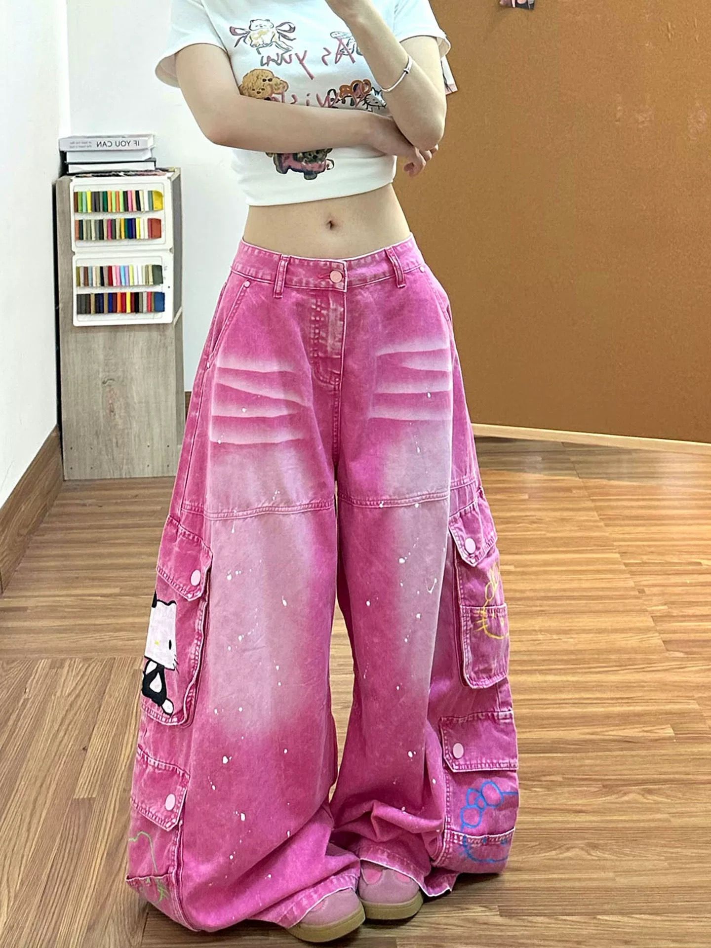 아메리칸 기타 주머니 프린트 만화 고양이 넓은 다리 청바지 여성 2026 여름 레트로 루즈핏 슬림해 보이는 바닥 청소 바지