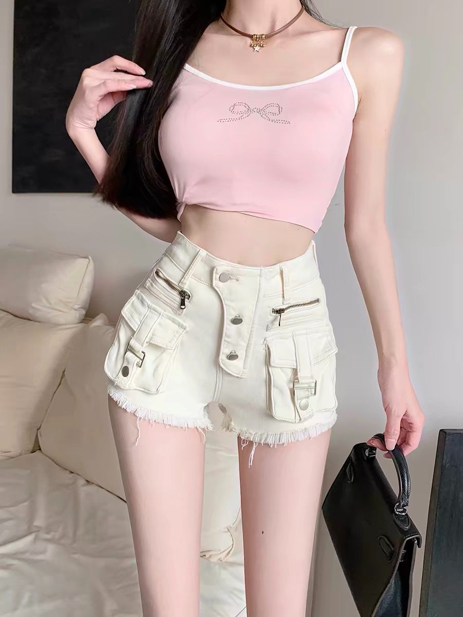 워크웨어 청바지 반바지 여성 2025 여름 새로운 레트로 거친 가장자리 한 부서 하이웨이스트 무거운 작업 아메리칸 핫걸 핫 바지