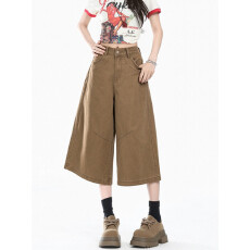 批发美拉德美邦复古卡其阔腿七分裤女<b class='q'>春秋</b>夏宽松高腰梨形牛仔中裤日系