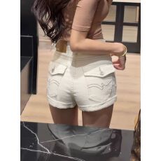 批发夏季新款米白色<b class='q'>卷</b><b class='q'>边</b>美式<b class='q'>牛仔</b><b class='q'>短裤</b>女高腰显瘦a字修身辣妹包臀热裤