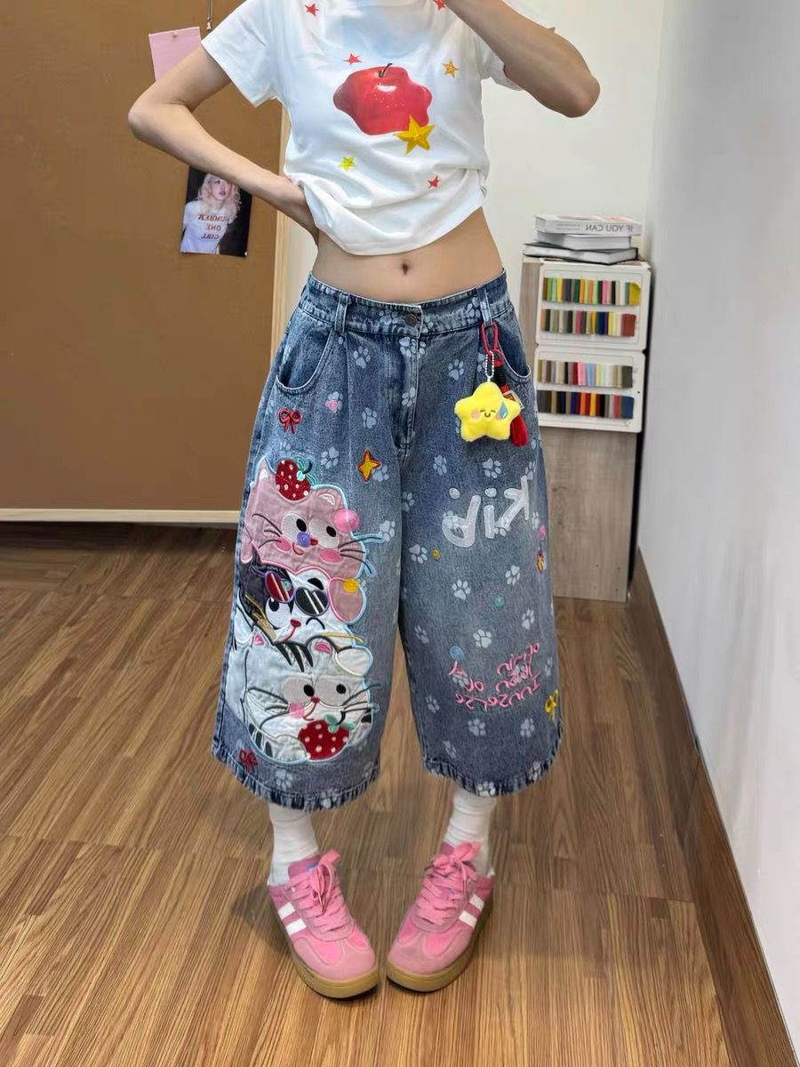 만화 고양이 프린트 7부 바지 청바지 바지 여자 2026 여름 새로운 루즈핏 캐주얼 넓은 다리가 짧다. 바지