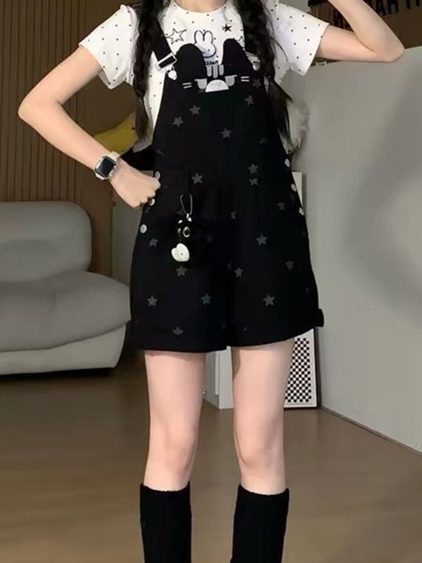 2026 자이언트 잘 생긴 멜빵 바지 여성 레트로 귀여운 새끼 고양이 별 프린트 루즈핏 스트레이트 연령 감소 캐주얼 짧은 바지