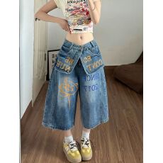 批发辣妹涂鸦字母印花双腰搭片假两件牛仔七分裤<b class='q'>女</b>夏季设计感阔腿<b class='q'>短裤</b>