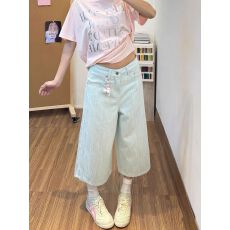 批发薄荷绿蝴蝶刺绣条纹七分裤裤子<b class='q'>女</b>款2026夏季新款高腰阔腿休闲<b class='q'>短裤</b>
