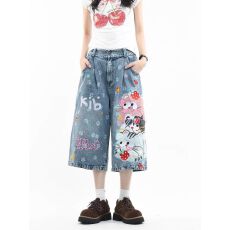 批发童趣卡通猫咪贴布刺绣<b class='q'>牛仔裤</b>男女夏季宽松阔腿做旧七分裤潮