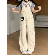 复古小猫星星印花宽松直筒背带裤女减龄休闲长裤