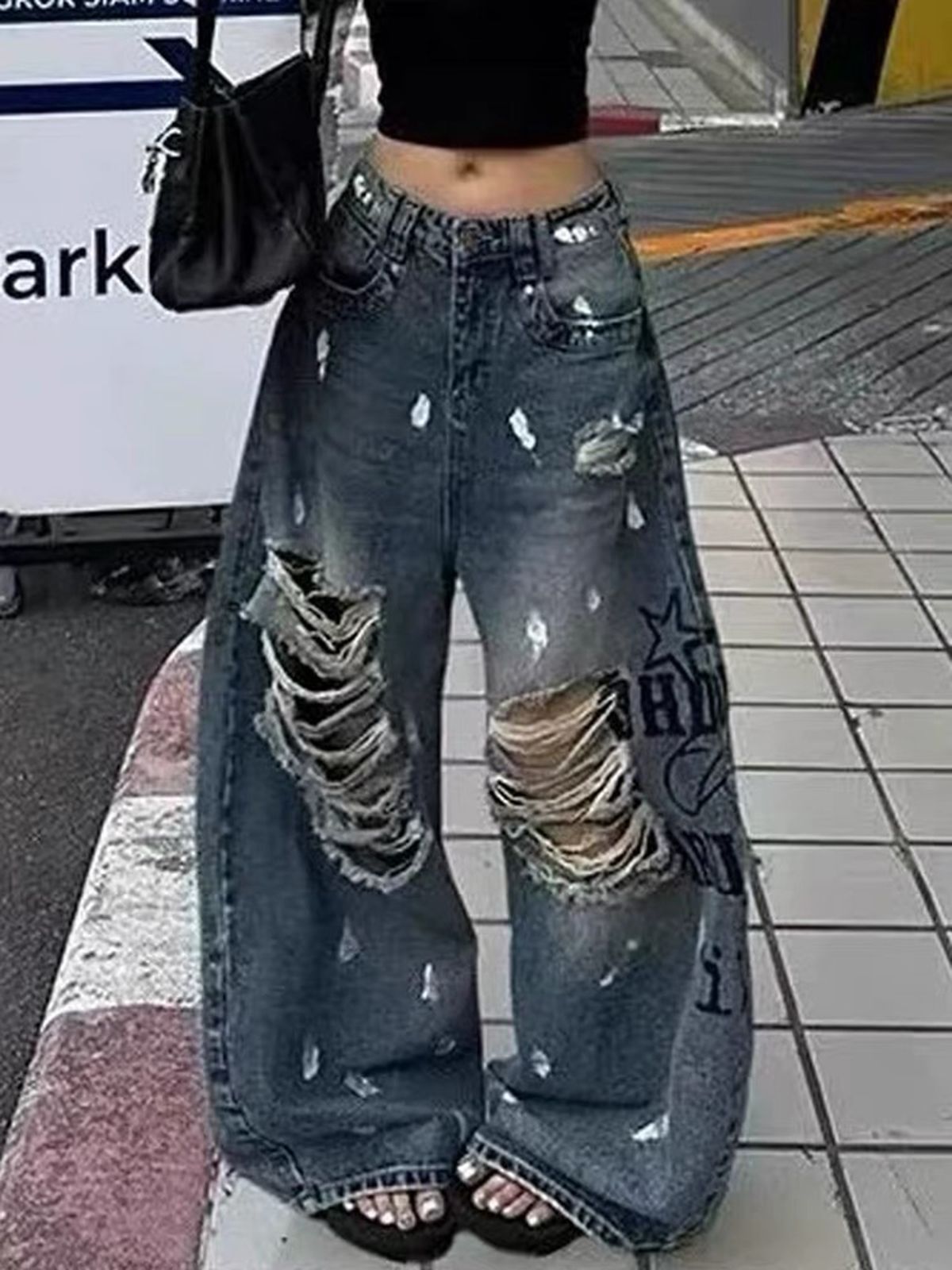 아메리칸 레트로 마 오래된 먹물 찢어진 부분 청바지 아이들 여름 새로운 핫걸 개성 알파벳 프린트 바닥 청소 바지
