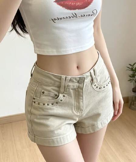 아메리칸 레트로 카키 색 징 데님 반바지 여성 여름 새로운 하이웨이스트 몸매 가꾸기 리프트 엉덩이 슬림해 보이는 핫걸 핫 바지