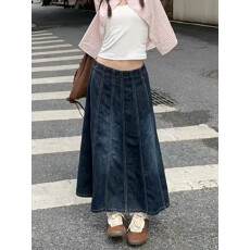 批发<b class='q'>复古</b>蓝色牛仔半身裙女夏季长款设计感巨好看百搭宽松a字裙