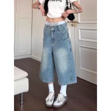 批发美式复古竹节纹水洗做旧牛仔七分裤男女街头宽松休闲小众设计短裤