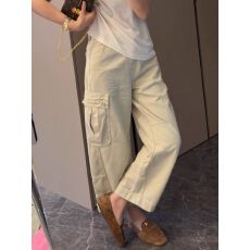 批发杏色设计感大口袋工装裤女2026夏季新款小个子高腰休闲阔腿裤